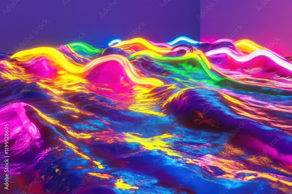 Poster vibrant waves of color illuminated by neon lights in a captivating display of art