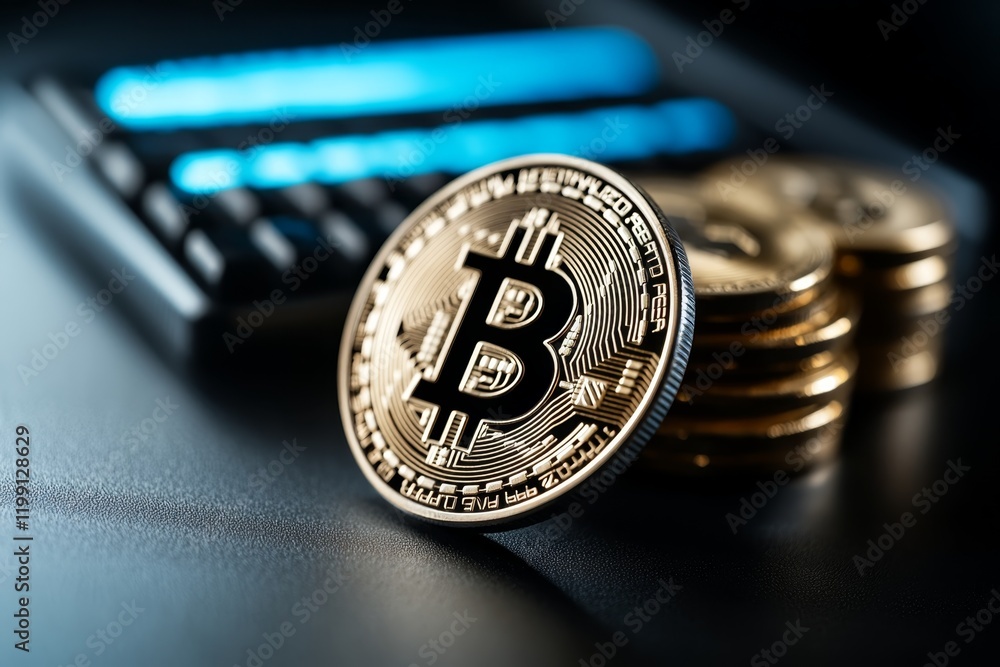 Aufkleber bitcoin cryptocurrency coin resting on a reflective surface beside a calculator and stacks of other 
