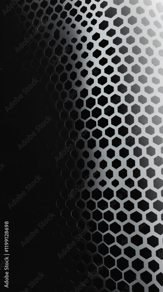 Fototapete dark metallic honeycomb grid blending into deep black, generating sleek, contemporary abstract backg