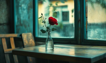 Home decor, red rose, flowers in a vase, vintage photo, retro interior with flowers.