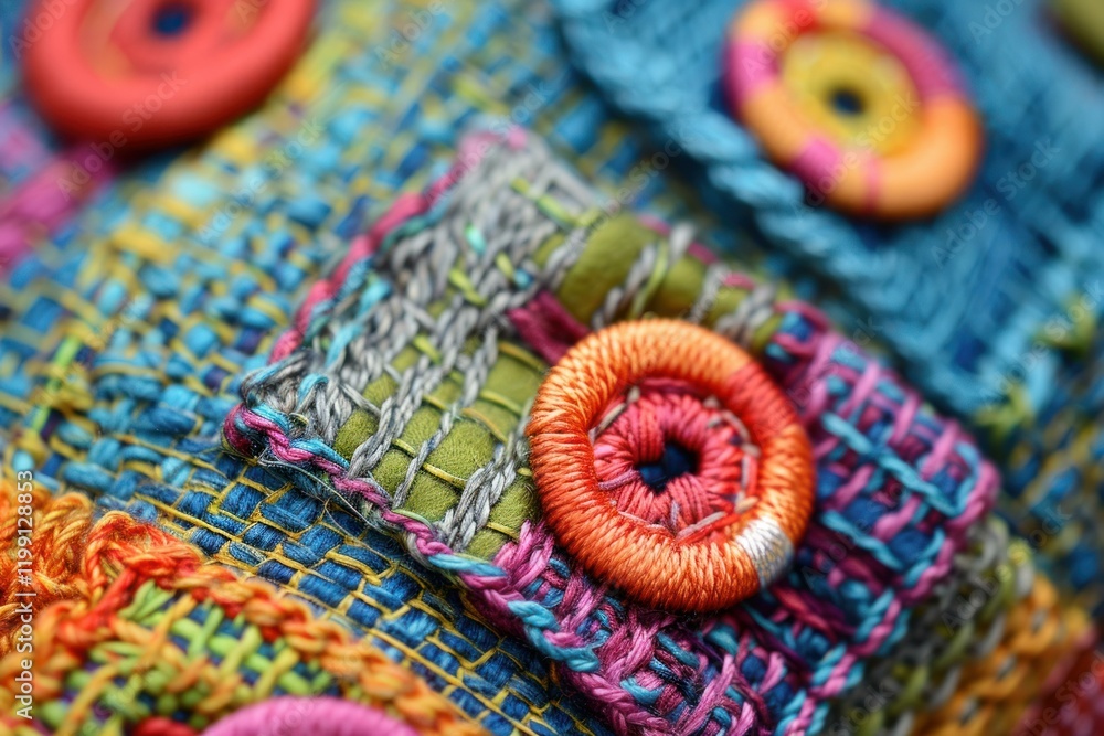 Poster close up of a colorful handmade textile with various stitches and buttons, showcasing craftsmanship 