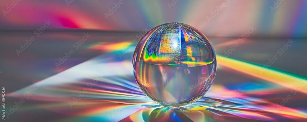 Poster vibrant prism sphere reflecting multicolored light patterns.