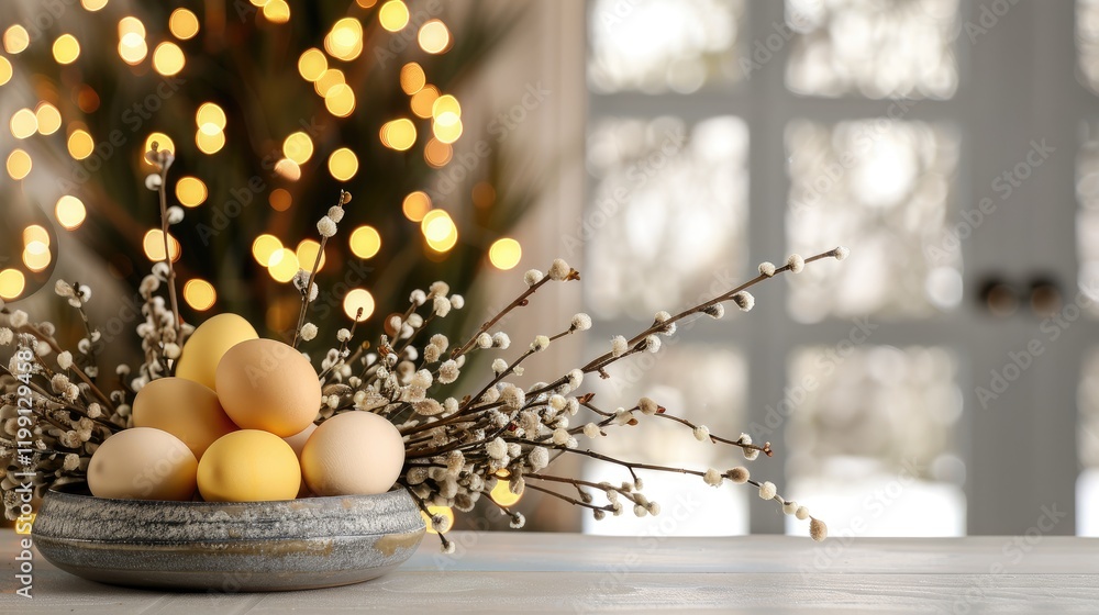 Poster colorful yellow eggs hang gracefully from willow branches in a charming easter display. a background