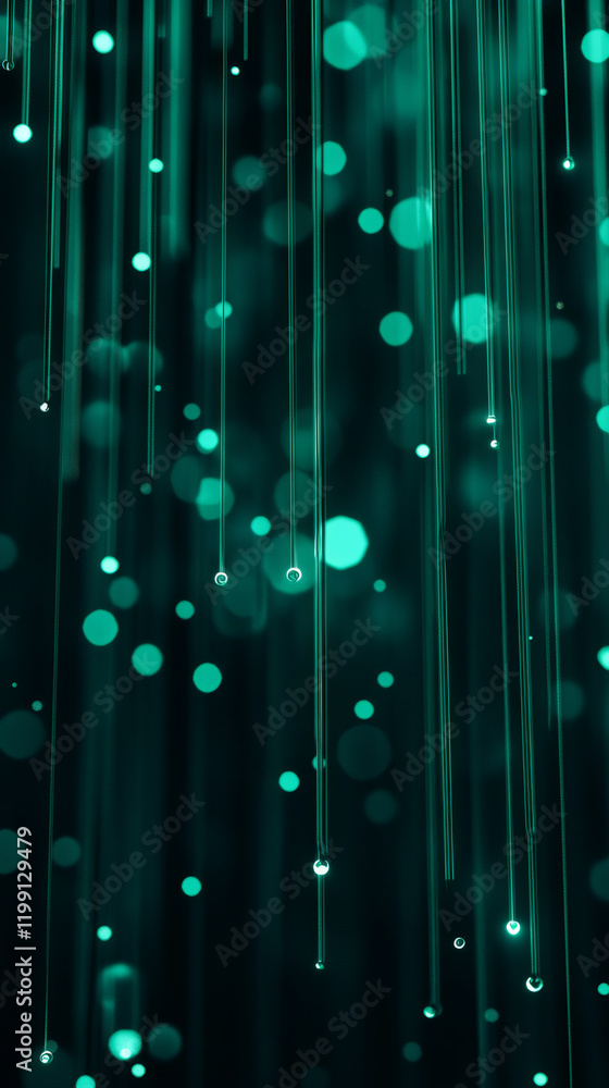Poster glowing turquoise fiber optic strands cascading against dark backdrop, visualizing digital connectiv