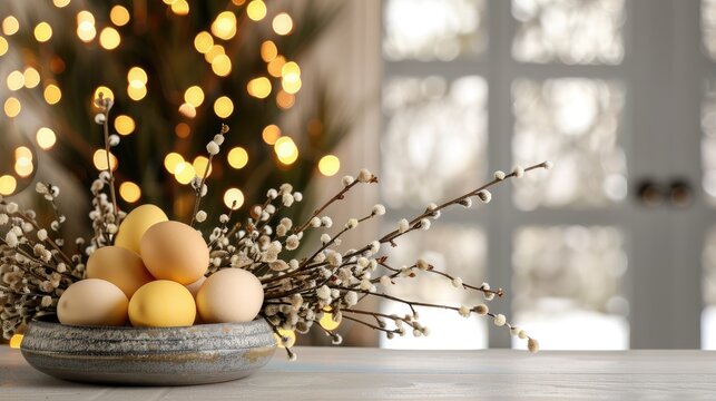 Colorful yellow eggs hang gracefully from willow branches in a charming Easter display. A background of bokeh lights enhances the festive atmosphere, creating a warm, inviting setting