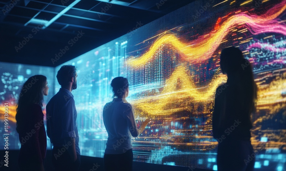 Aufkleber innovative team analyzing energy distribution with vibrant visuals. colorful light patterns create d