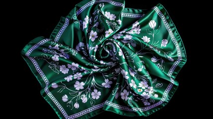 Silk scarf with a green and white floral pattern