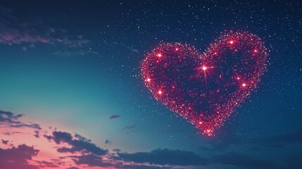 Sparkling heart shape formed by stars in the night sky over a serene landscape at twilight