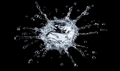 Water droplet explosion on black background.