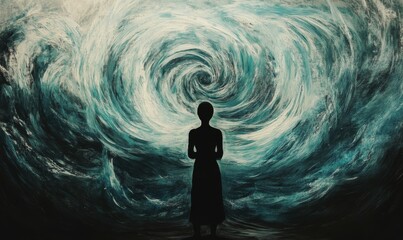 image depicts figure surrounded by swirling lines, symbolizing storm of thoughts and emotions.