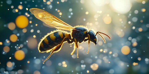 Naklejka premium A beautiful bee in flight surrounded by shimmering dust. The delicate wings reflect light, showcasing the intricate details of nature. Perfect for biodiversity themes. AI