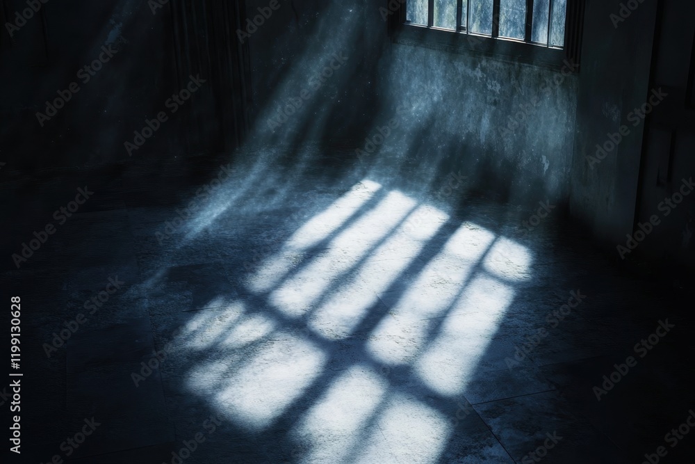 Poster soft rays of light filtering through a dusty window in an empty room