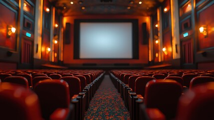 Empty movie theater with red seats and large screen.