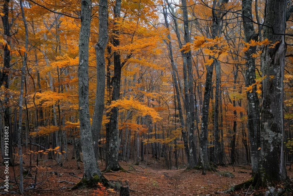 Poster sunlight filters through golden foliage, creating a magical atmosphere along a forest path during th