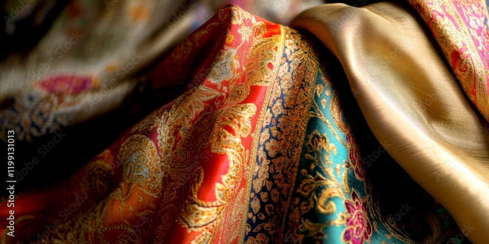 Poster this image showcases beautiful flowing fabrics in rich colors. it features intricate patterns and a 