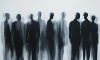 image features group of shadowy figures, representing team of professionals engaged in discussion.