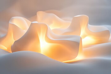 Soft glowing shapes emerge from a misty landscape with gentle light effects at dusk