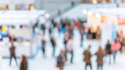 Trade Show Blur – A blurred image of a bustling trade show event with booths and visitors.	
