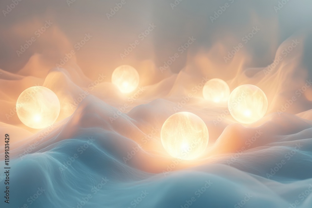 Poster glowing orbs float above a misty landscape during twilight in a surreal setting