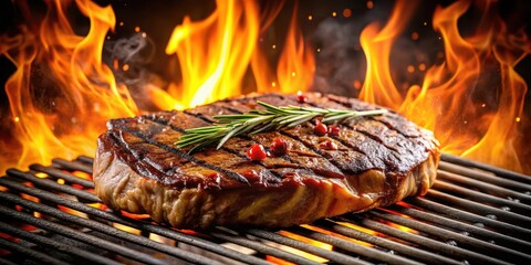 Sizzling beef steak on grill with high heat flames and savory aromas, sizzle, cooking,  sizzle, cooking