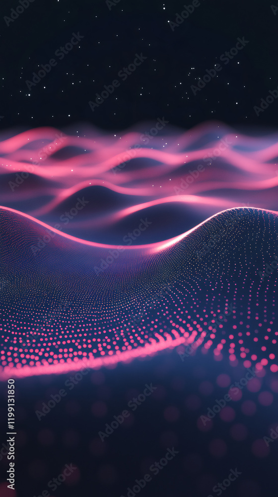 Poster pink digital particles are forming a wave flowing under a starry sky, creating a futuristic and tech
