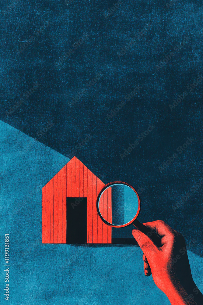 Poster exploring architectural perspectives with abstract designs and minimalist illustrations in red and b