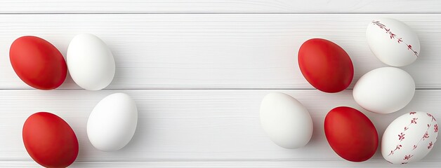 Colorful red and white easter eggs are beautifully placed on a rustic white wooden background alongside willow branches, creating a perfect setup for a festive spring celebration