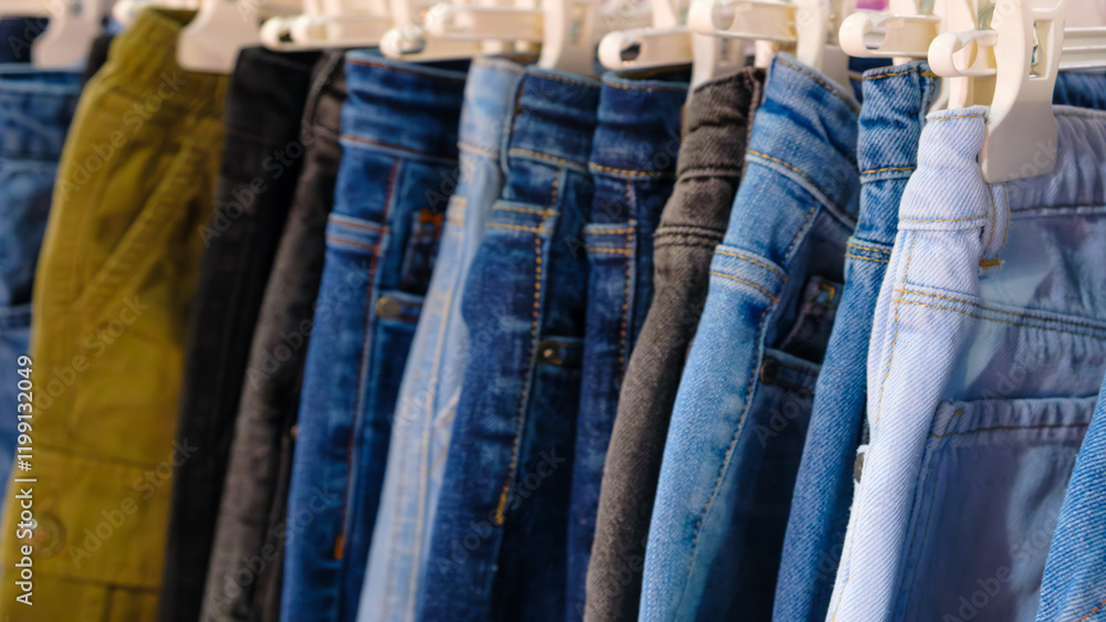 Poster a row of jeans hanging on a rack. the jeans are of different colors and styles. concept of variety a