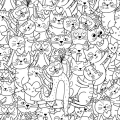 Cute romantic cats black and white seamless pattern. Valentine's Day and Love feline characters for coloring book. Outline background. Vector illustration