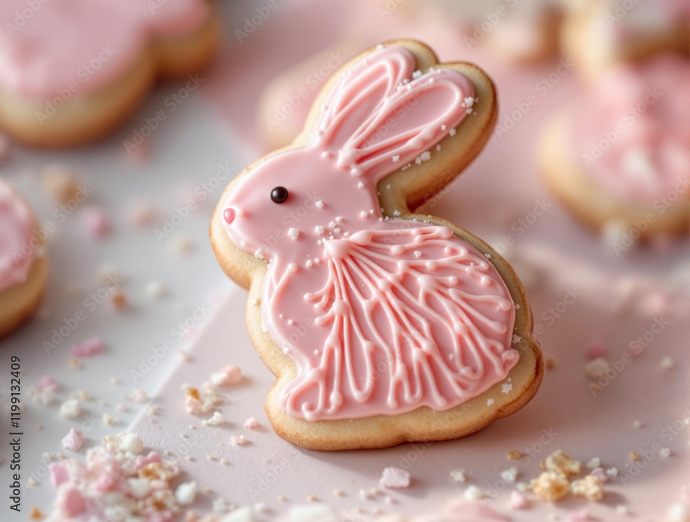 Poster single pink bunny cookie with white icing outlines on a table with a pink background. pieces of suga