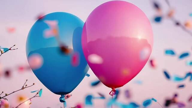 Pink and blue balloons and confetti background. gender reveal party or baby shower backdrop