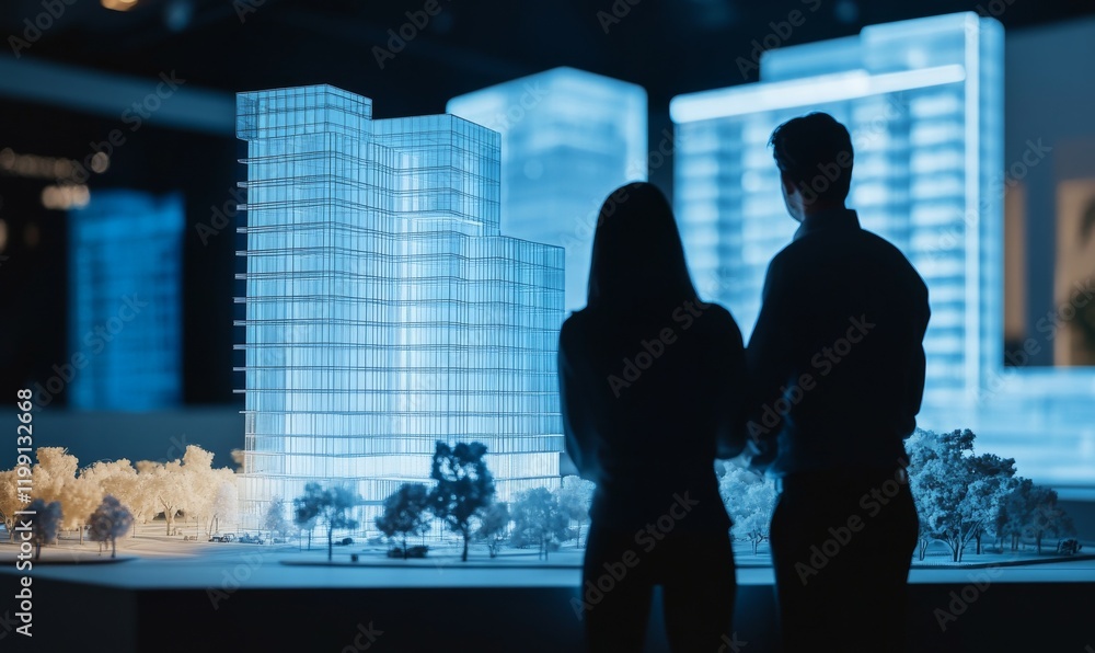 Poster innovative engineers observe digital building model, showcasing modern architecture and technology. 