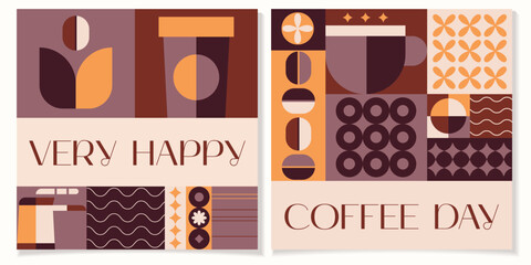 Coffee geometric posters in minimal retro style.International coffee day concept.Ideal for coffee shop,bakery,branding,decoration,cover design, decorative print, background.Vector
