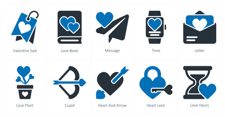 A set of 10 Valentine's Day icons as valentine sale, love book, message