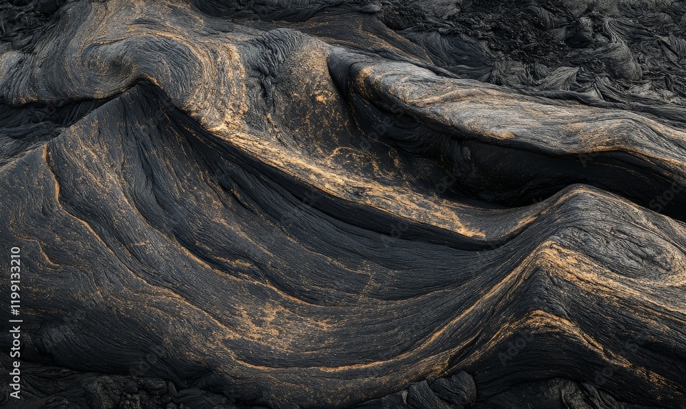 Poster lava flow creating dramatic patterns in blackened volcanic rock