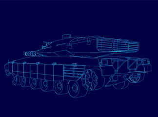 Blue drawing of a tank with a blue outline. The tank is shown in a stylized way, with a focus on its design and structure. Scene is one of strength and power