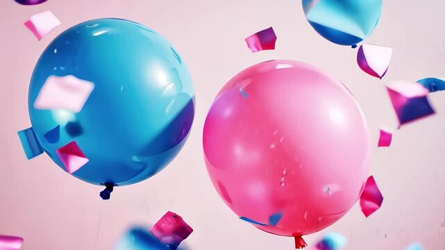 Pink and blue balloons and confetti background. gender reveal party or baby shower backdrop