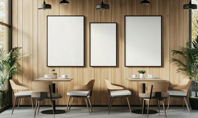 Interior of a modern cafe with blank posters on the wall, wooden design elements, and minimalist furniture, concept of interior design.