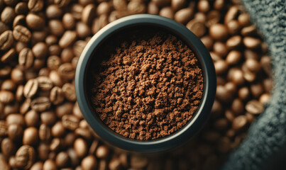 Rich Aroma of Freshly Ground Coffee with Rustic Beans Encircling the Grind for Perfect Morning Energy