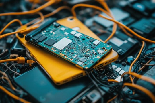 Electronic waste management workshop urban environment closeup analysis technological impact on waste modern city recycling solutions for a sustainable future