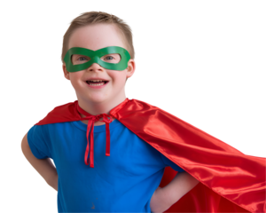 Young Boy with Down Syndrome Dressed as a Superhero, Smiling Confidently and Standing Proudly in a Colorful Costume Isolated on Transparent Background