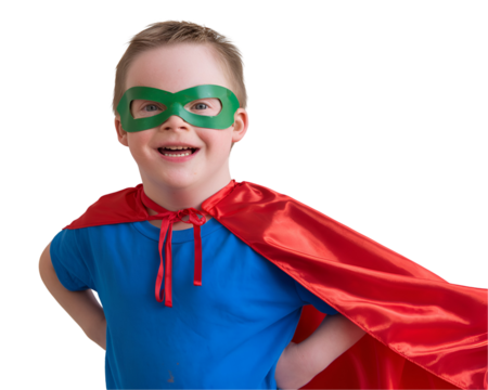 Young Boy with Down Syndrome Dressed as a Superhero, Smiling Confidently and Standing Proudly in a Colorful Costume Isolated on Transparent Background