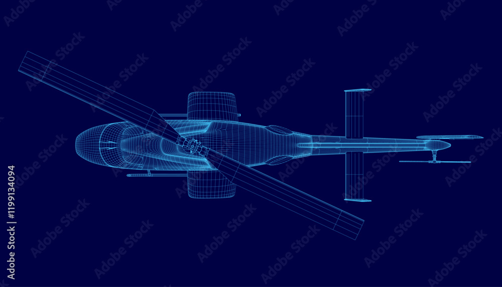 Poster blue helicopter is shown in a computer-generated image. the image is in blue and has a futuristic fe