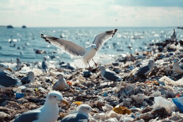 Seagulls scavenging for waste at a polluted landfill by the shoreline marine environment aerial perspective environmental impact awareness