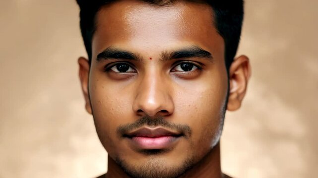 Extreme close-up portrait of a young South Asian man with dark hair, dark eyes, and a beard, against a beige background
