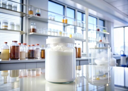 Cinnamic Acid (C9H8O2) in White Plastic Lab Packaging - Chemical Compound Stock Photo