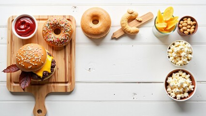 Overhead shot of a rustic wooden cutting board hosting a juicy hamburger, with a petite ketchup bowl nestled in the corner and vibrant red leaves adding flair