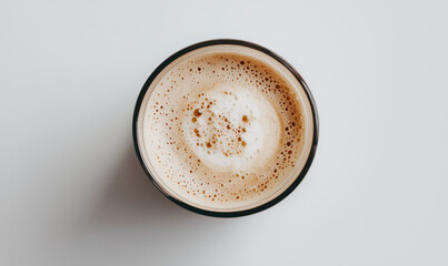 Delectable Frothy Coffee Cup – Captivating Top View Displaying Creamy Aroma and Inviting Foam Patterns for a Perfect Morning Beverage Boost