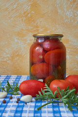 jar of canned tomatoes, Pickled tomatoes in glass jar on on table