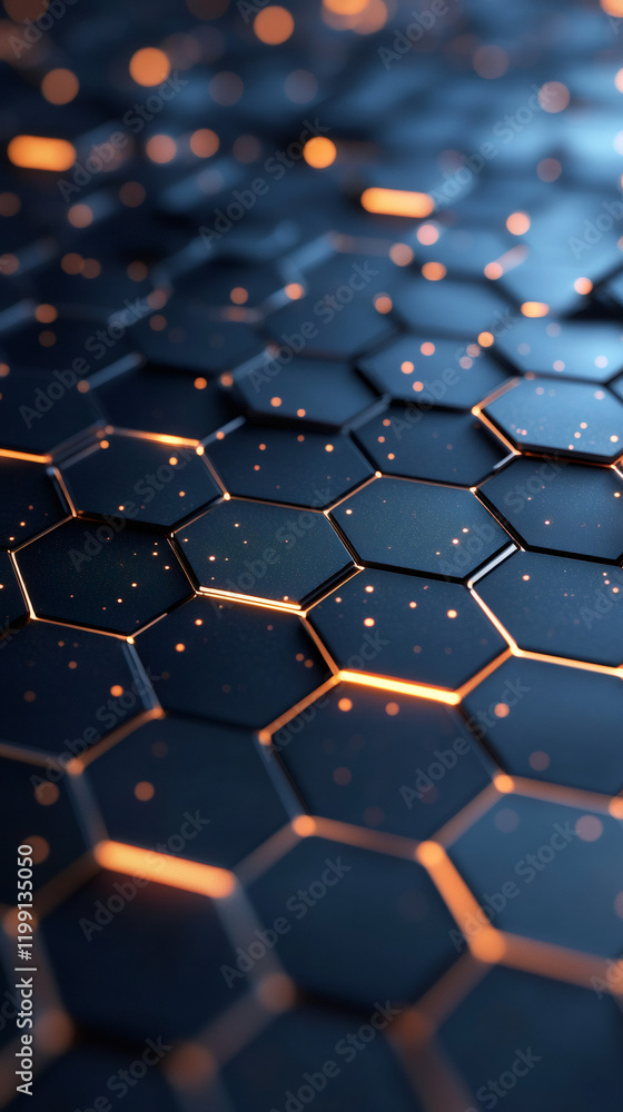 Poster glowing orange hexagonal pattern displaying technological digital abstract design